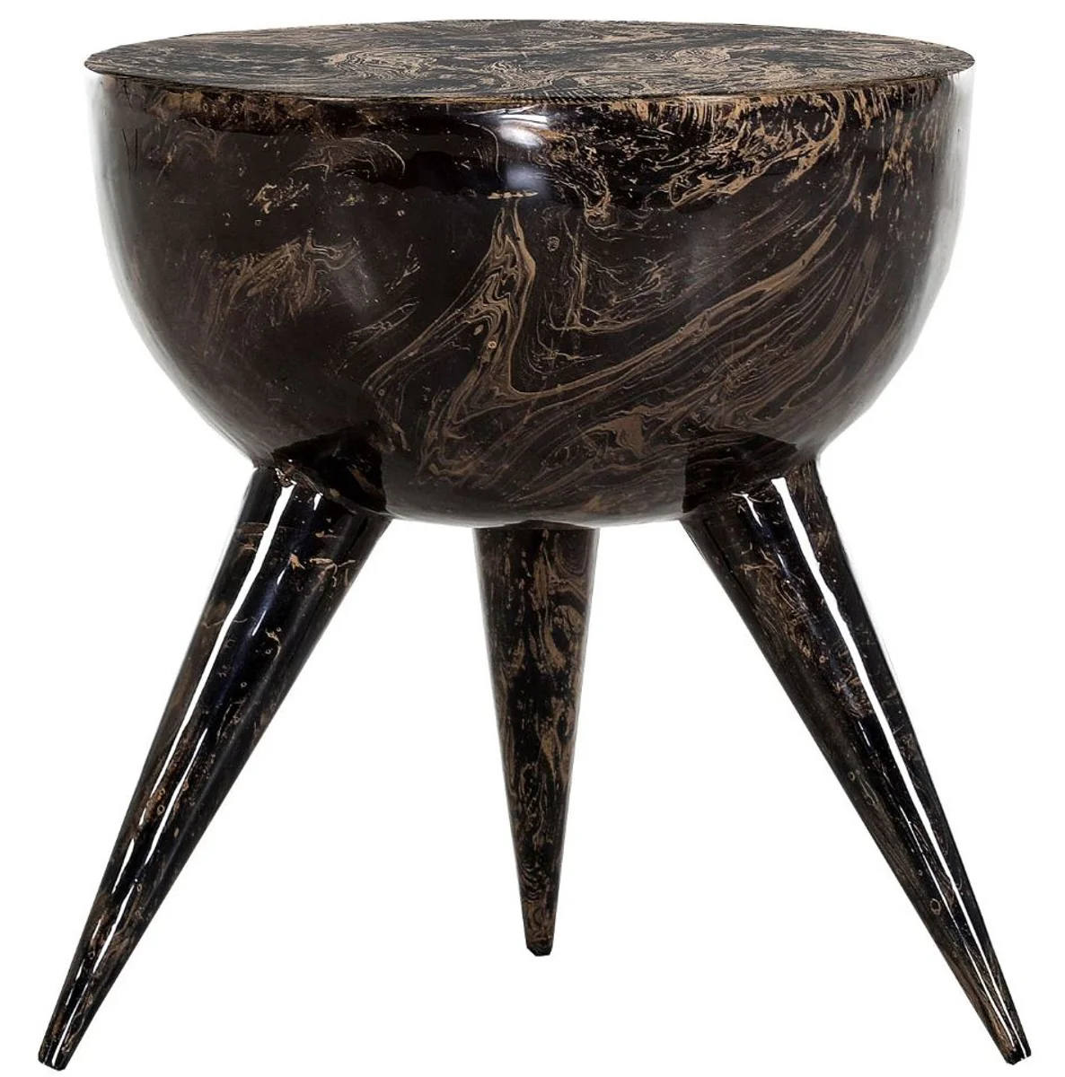 Luxus Beistelltisch Schwarz / Gold Ø 42 x H. 46 cm - Runder Dreibein Aluminium Tisch in Marmoroptik - Wohnzimmer Möbel