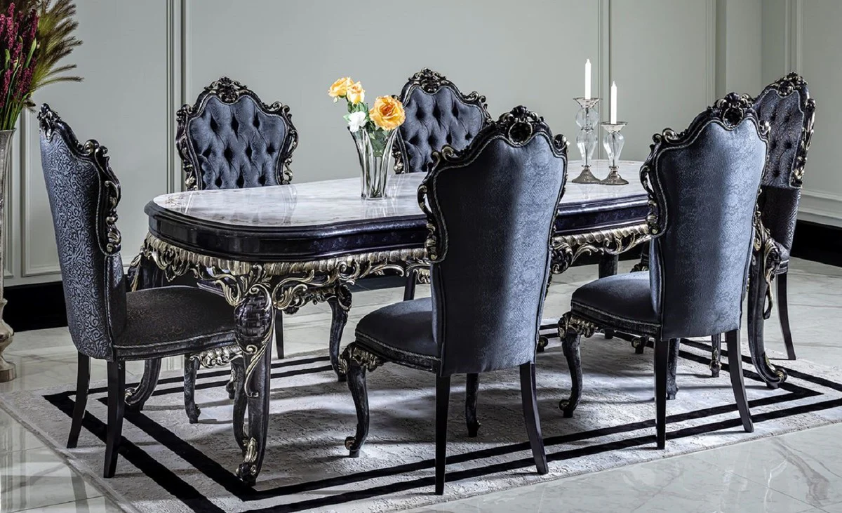 Luxus Barock Esszimmer Set Weiß / Blau / Gold - 1 Esstisch & 6 Esszimmerstühle - Barock Esszimmer Möbel - Edel & Prunkvoll