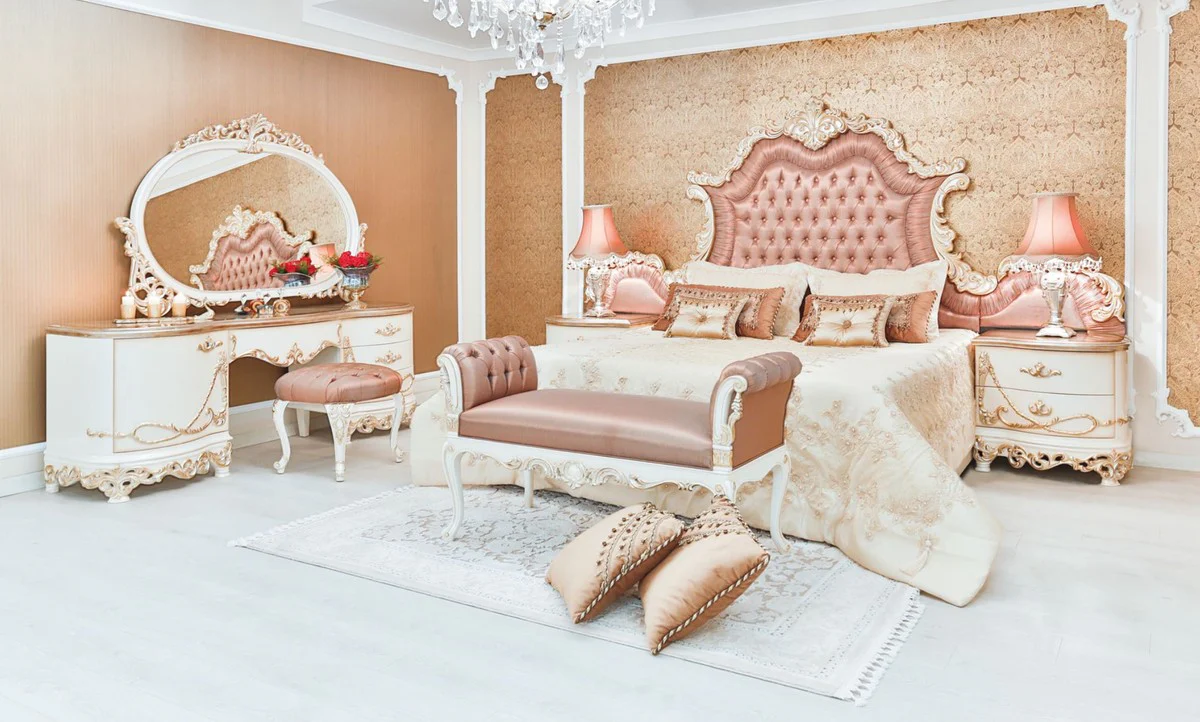 Luxus Barock Schlafzimmer Set Rosa / Weiß / Creme / Kupferfarben - 1 Schminkkommode & 1 Spiegel & 1 Hocker - Prunkvolle Schlafzimmer Möbel im Barockstil - Luxus Qualität