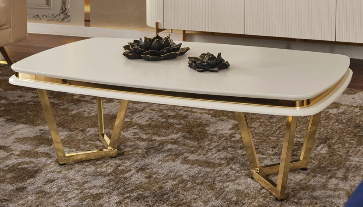 Luxus Couchtisch Weiß / Gold 120 x 70 x H. 40 cm - Rechteckiger Wohnzimmertisch - Luxus Wohnzimmer Möbel