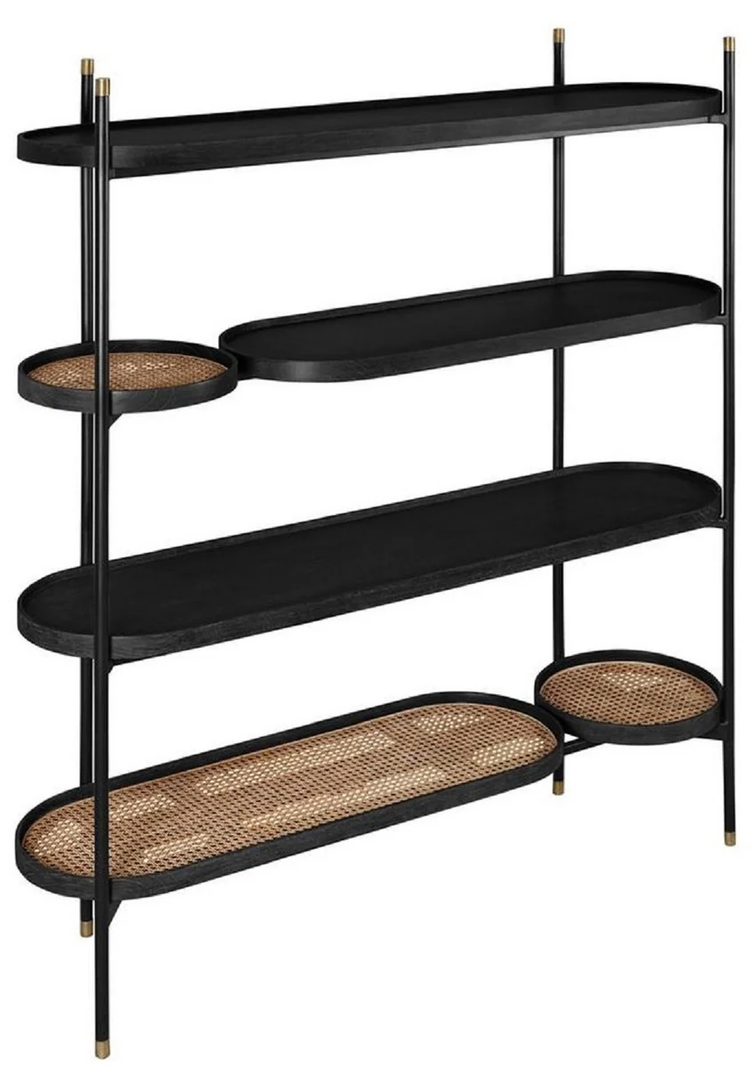 Luxus Regalschrank Schwarz / Naturfarben / Messingfarben 154 x 42,3 x H. 170 cm - Wohnzimmer & Hotel Möbel - Luxus Qualität