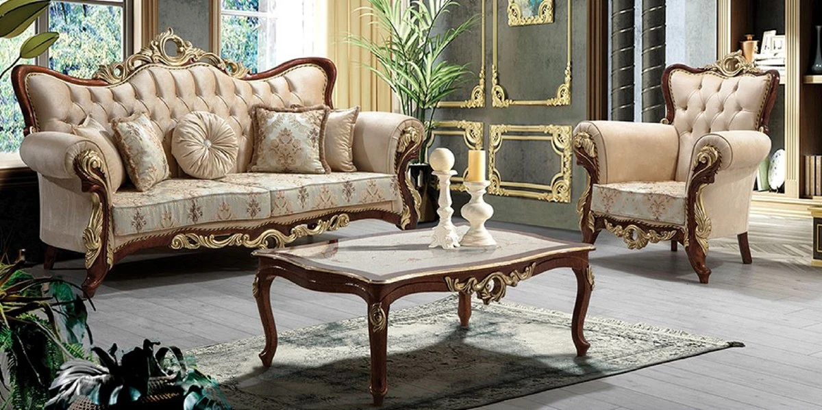 Luxus Barock Wohnzimmer Set Beige / Braun / Gold - 2 Sofas mit Muster & 2 Sessel mit Muster & 1 Couchtisch - Prunkvolle Barock Wohnzimmer Möbel