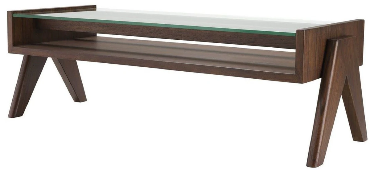 Luxus Couchtisch Braun 120 x 46 x H. 39,5 cm - Rechteckiger Massivholz Wohnzimmertisch mit Glasplatte - Luxus Wohnzimmer Möbel