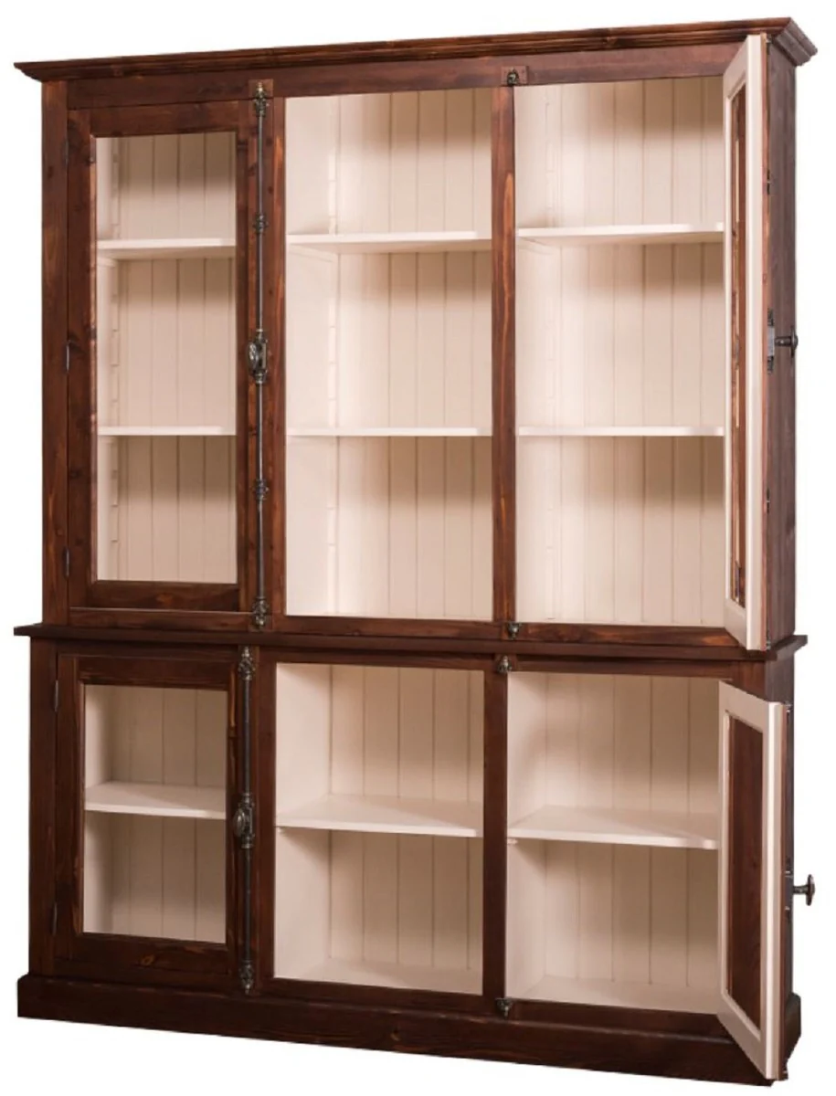Landhausstil Wohnzimmerschrank Dunkelbraun / Creme 184 x 48 x H. 228 cm - Massivholz Vitrinenschrank mit 4 Glastüren