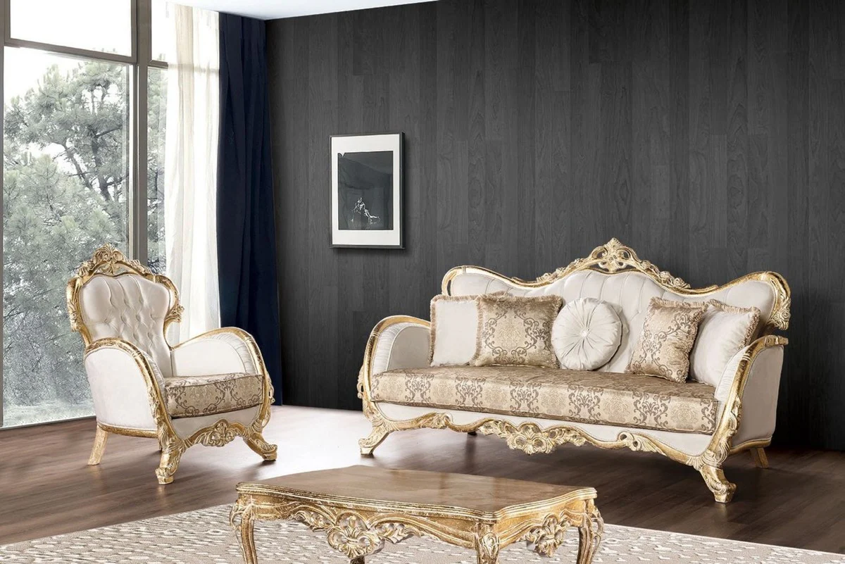Luxus Barock Sofa Weiß / Mehrfarbig / Antik Gold - Prunkvolles Wohnzimmer Sofa mit elegantem Muster - Barock Wohnzimmer Möbel - Edel & Prunkvoll