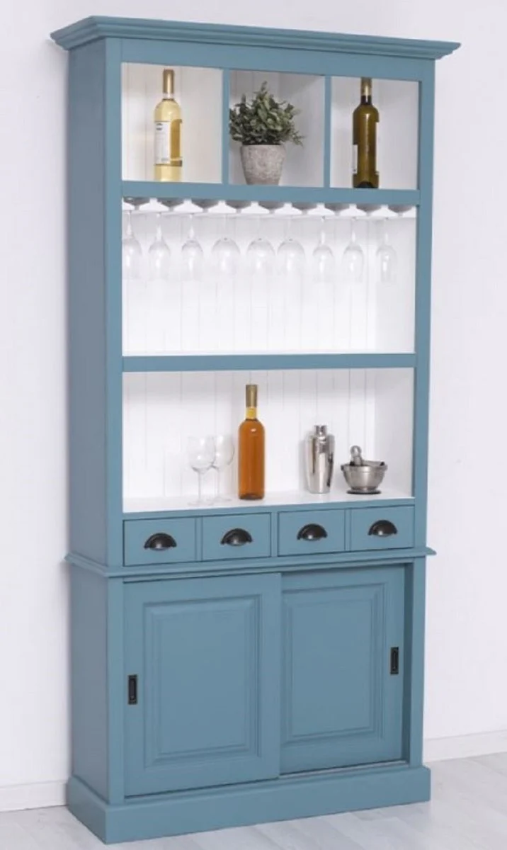Landhausstil Massivholz Barschrank Blau / Weiß 103 x 36 x H. 210 cm - Massivholz Weinschrank im Landhausstil - Massivholz Bar Möbel - Landhausstil Bar Möbel