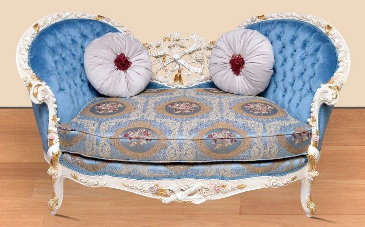 Barock Sofa Blau Muster / Weiß / Gold - Handgefertigtes Wohnzimmer Sofa im Barockstil - Prunkvolle Barock Wohnzimmer Möbel
