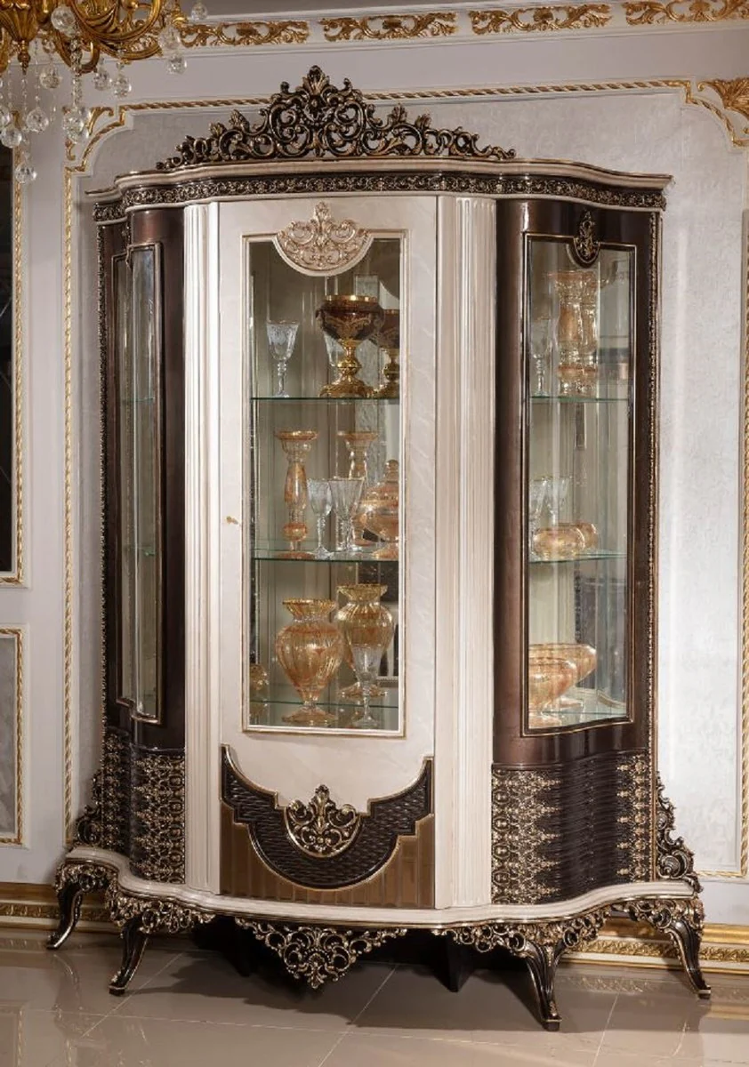 Luxus Barock Vitrine mit Tür Creme / Dunkelbraun / Gold