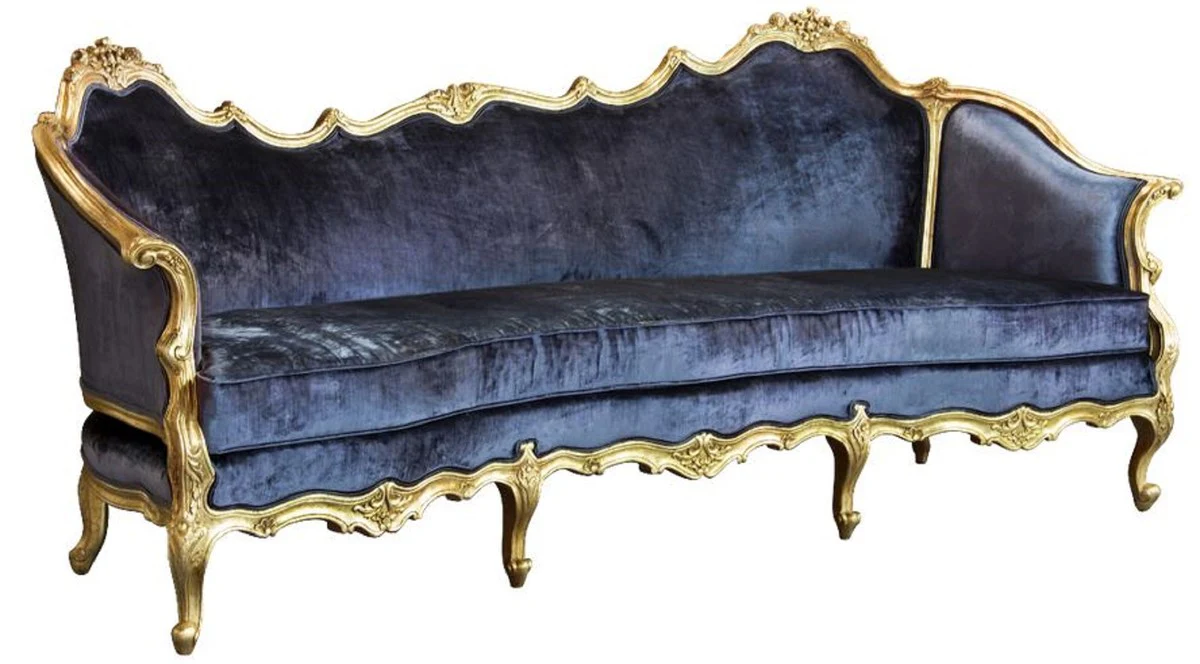 Luxus Barock Samt Sofa Blau / Gold - Edles Handgefertigtes Wohnzimmer Sofa im Barockstil - Barock Wohnzimmer Möbel - Edel & Prunkvoll