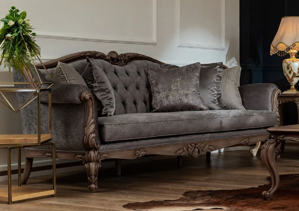 Luxus Barock Sofa Grau / Braun - Handgefertigtes Wohnzimmer Sofa im Barockstil - Barock Wohnzimmer Möbel