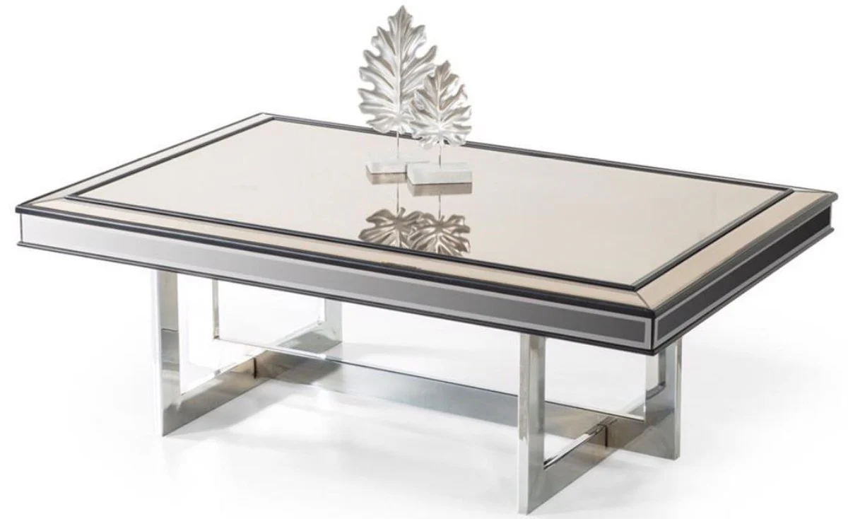 Luxus Couchtisch Silber 120 x 80 x H. 43 cm - Wohnzimmertisch mit Glasplatte und Spiegelglas - Luxus Wohnzimmer Möbel