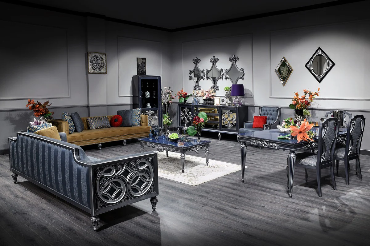 Luxus Barock Couchtisch Blau / Silber 143 x 94 x H. 44 cm - Wohnzimmertisch im Barockstil