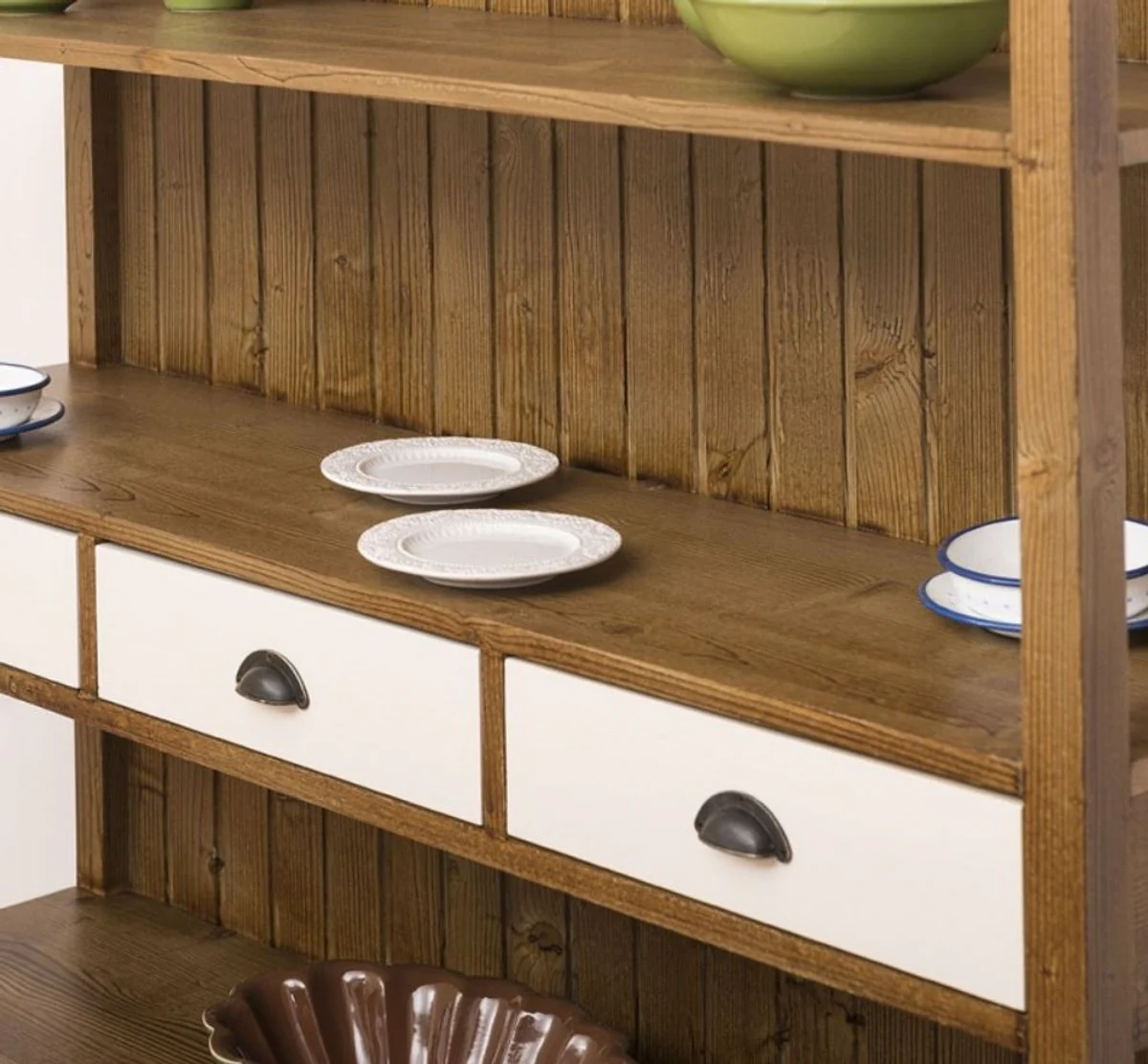 Landhausstil Regalschrank Braun / Weiß 140 x 39 x H. 197 cm - Landhausstil Schrank mit 3 Schubladen - Massivholz Küchenschrank - Landhausstil Möbel