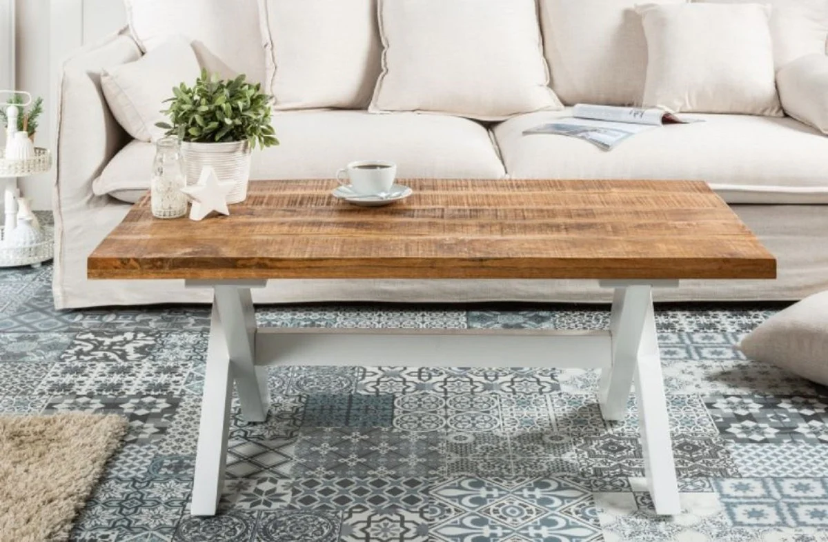 Landhausstil Couchtisch Naturfarben / Weiß 110 x 60 x H. 45 cm - Handgefertigter Massivholz Wohnzimmertisch - Wohnzimmer Möbel im Landhausstil