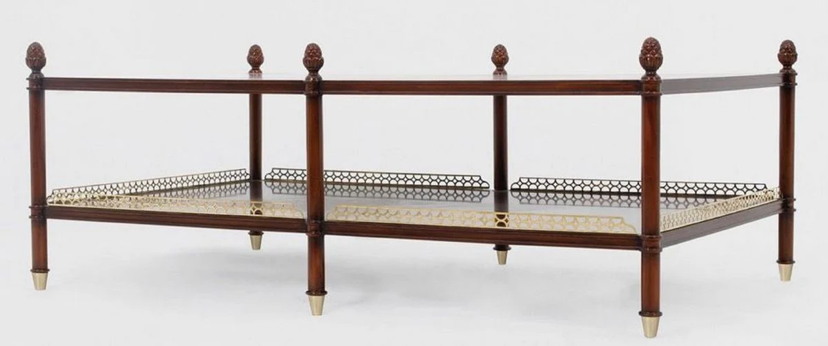 Luxus Jugendstil Couchtisch Braun / Gold / Messingfarben 129 x 81 x H. 48 cm - Edler Mahagoni Wohnzimmertisch - Wohnzimmer Möbel - Luxus Qualität