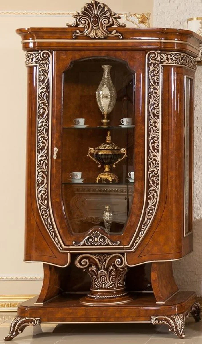 Luxus Barock Vitrine Braun / Bronzefarben - Prunkvoller Massivholz Vitrinenschrank mit Glastür - Handgefertigte Barock Möbel - Edel & Prunkvoll