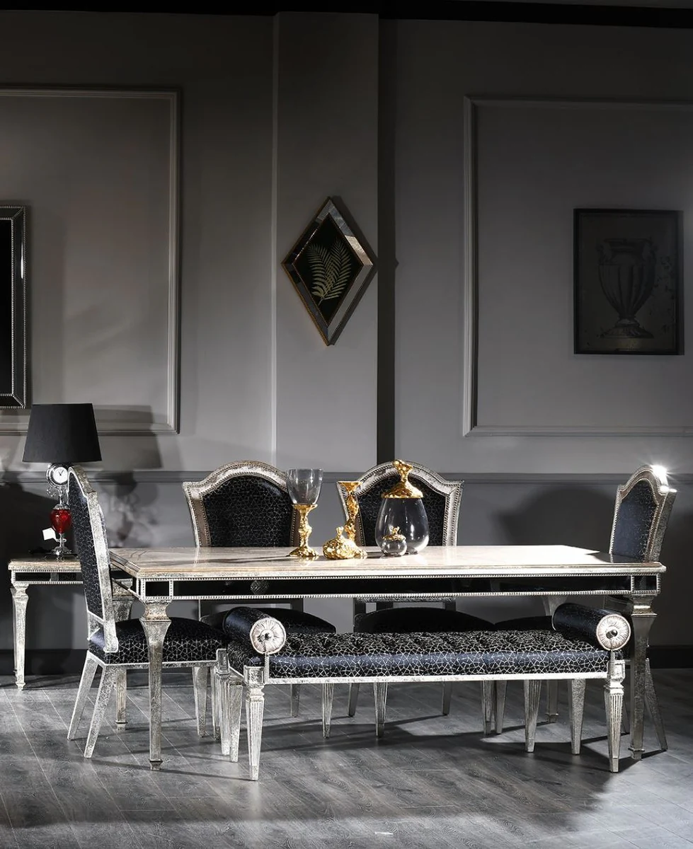 Luxus Barock Esstisch Antik Silber 200 x 112 x H. 85 cm - Massivholz Küchentisch mit Spiegelglas - Edle Esszimmer Möbel im Barockstil