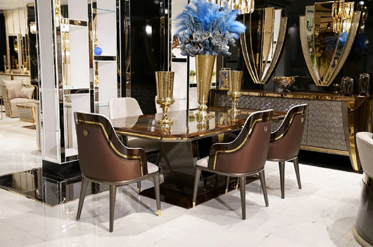 Luxus Esstisch Grau / Braun / Gold 226 x 112 x H. 70 cm - Rechteckiger Massivholz Küchentisch - Esszimmer Möbel - Luxus Möbel - Luxus Kollektion