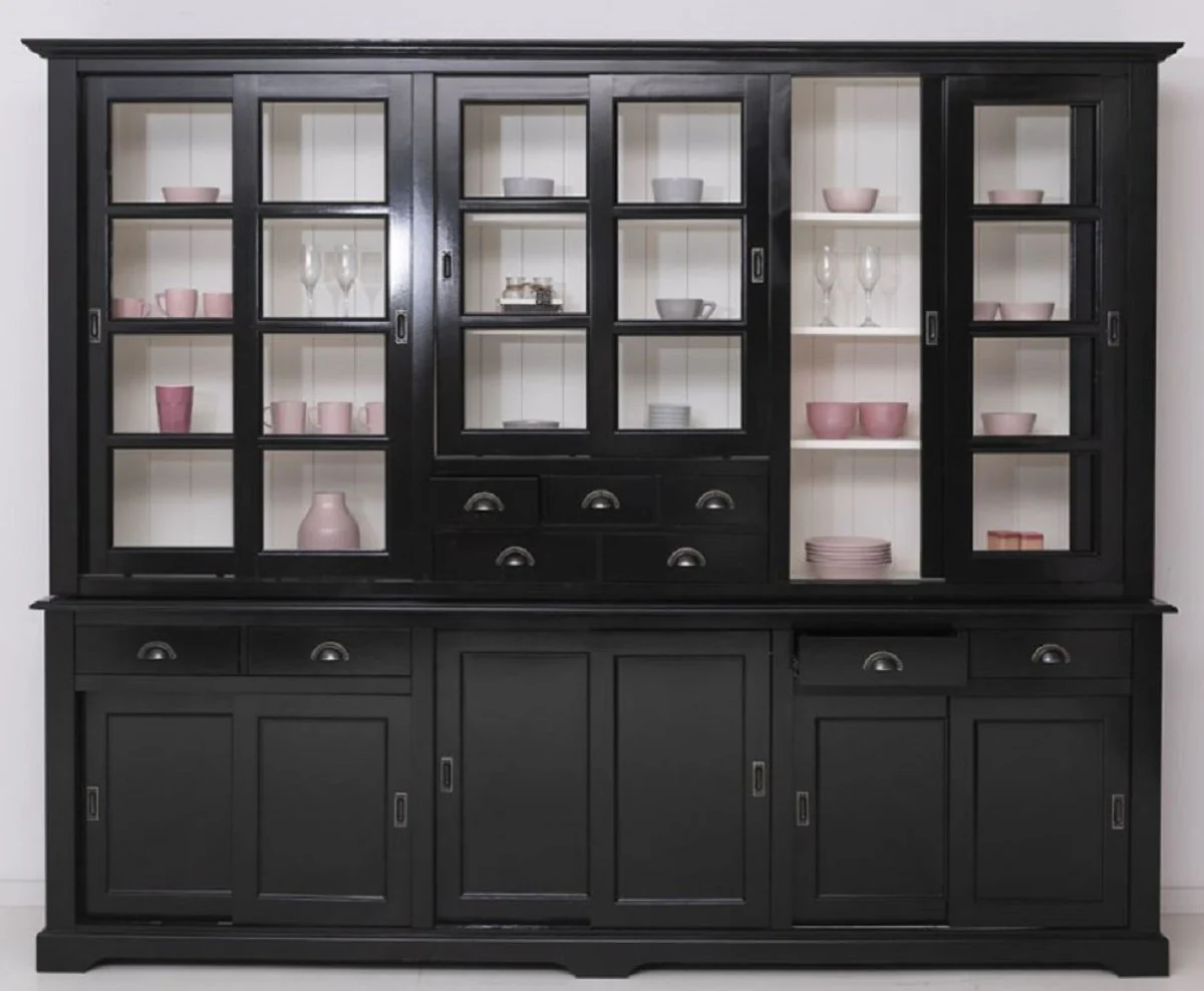 Landhausstil Esszimmerschrank Schwarz / Weiß 280 x 55 x H. 225 cm - Massivholz Küchenschrank - Esszimmer Möbel im Landhausstil - Landhausstil Esszimmer Einrichtung