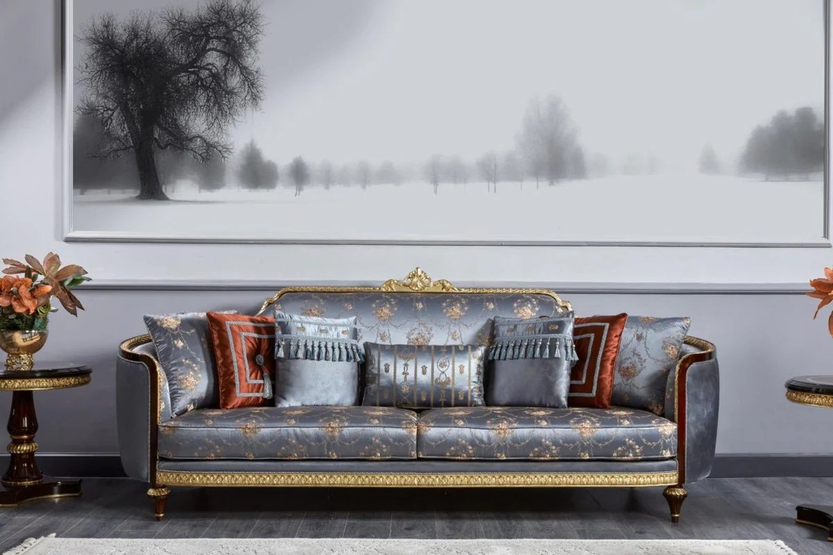 Luxus Barock Sofa Blau / Dunkelbraun / Gold - Prunkvolles Wohnzimmer Sofa - Barockstil Wohnzimmer Möbel - Luxus Möbel im Barockstil - Barock Einrichtung - Edel & Prunkvoll