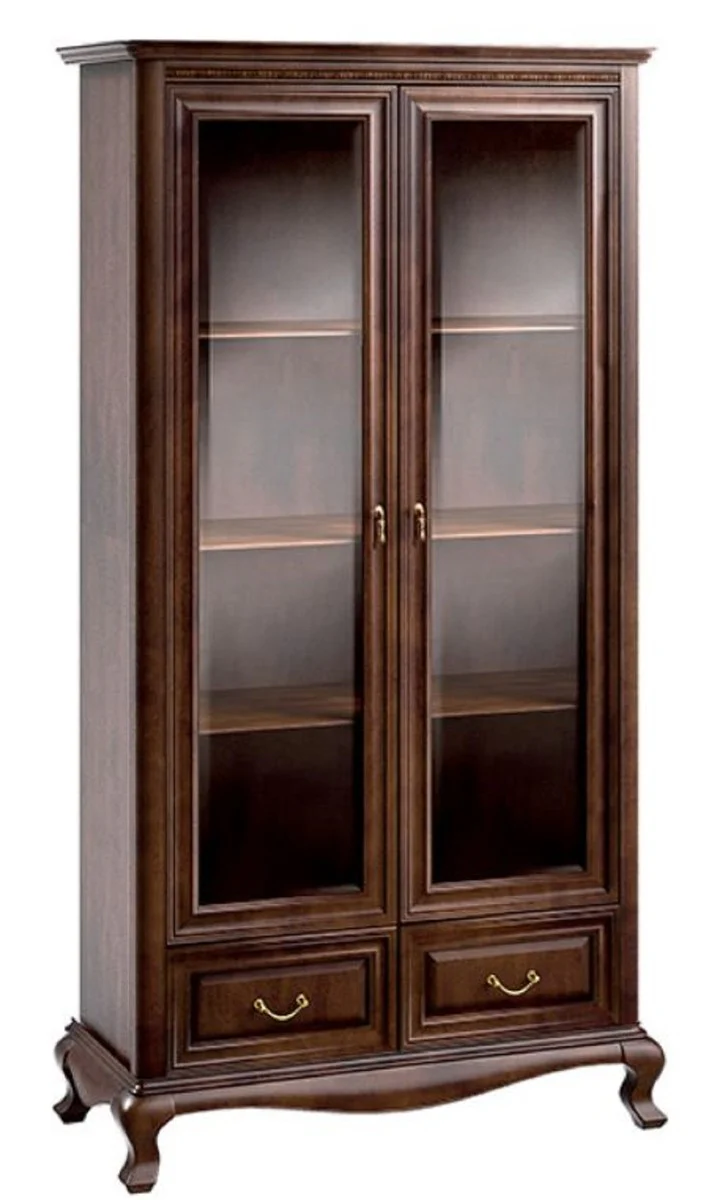 Luxus Jugendstil Vitrinenschrank Dunkelbraun 116,8 x 46,1 x H. 206,6 cm - Wohnzimmerschrank mit 2 Glastüren und 2 Schubladen - Wohnzimmermöbel