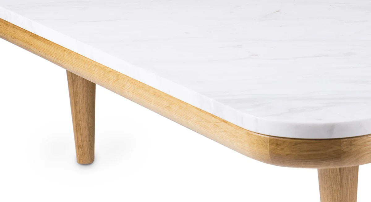 Luxus Couchtisch Weiß / Naturfarben 120 x 120 x H. 35 cm - Moderner Eichenholz Wohnzimmertisch mit Volakas Marmorplatte - Wohnzimmer Möbel