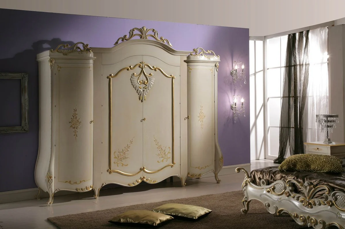 Luxus Barock Schlafzimmerschrank Creme / Gold - Prunkvoller Kleiderschrank im Barockstil - Luxus Schlafzimmer Möbel im Barockstil - Edel & Prunkvoll - Luxus Qualität - Made in Italy