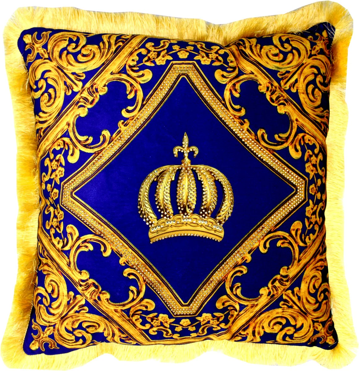 Harald Glööckler Pompöös Kissen by - Royalblau / Gold Krone Deluxe mit Strass Steinen - Luxus Deko Barock Zierkissen