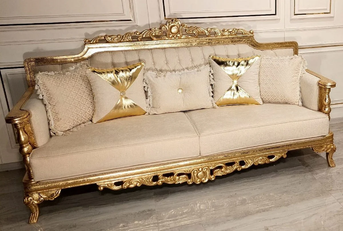 Luxus Barock Wohnzimmer Sofa Creme / Gold - Handgefertigtes Barockstil Sofa - Luxus Wohnzimmer Möbel im Barockstil - Barock Möbel - Edel & Prunkvoll