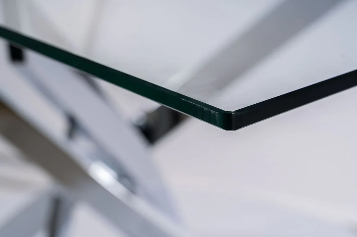 Luxus Esstisch Silber 140 x 80 x H. 75 cm - Rechteckiger Esszimmertisch mit gehärteter Glasplatte - Esszimmer Möbel - Küchen Möbel