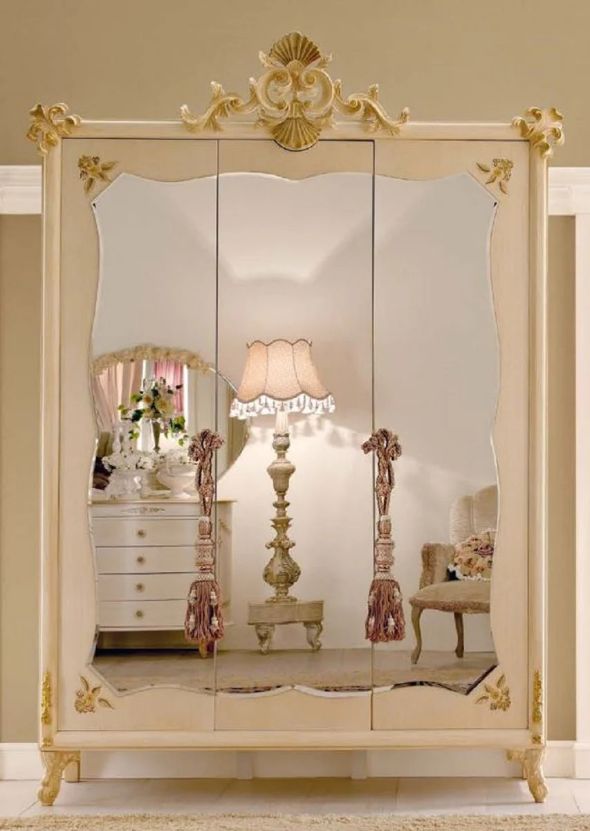 Luxus Barock Schlafzimmerschrank Cremefarben / Gold - Handgefertigter Kleiderschrank mit 3 verspieglten Türen - Barock Schlafzimmer Möbel - Luxus Qualität - Made in Italy