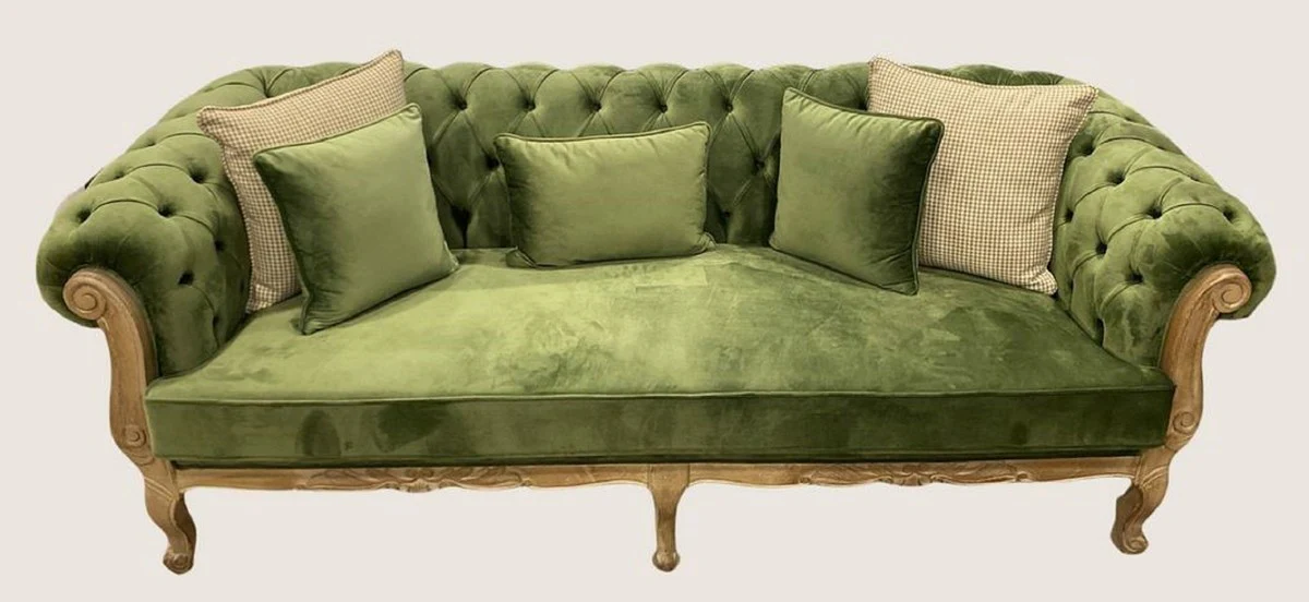 Luxus Barock Chesterfield Samt Sofa Grün / Naturfarben - Prunkvolles Wohnzimmer Sofa - Barockstil Wohnzimmer Möbel - Luxus Möbel im Barockstil - Barock Einrichtung - Edel & Prunkvoll