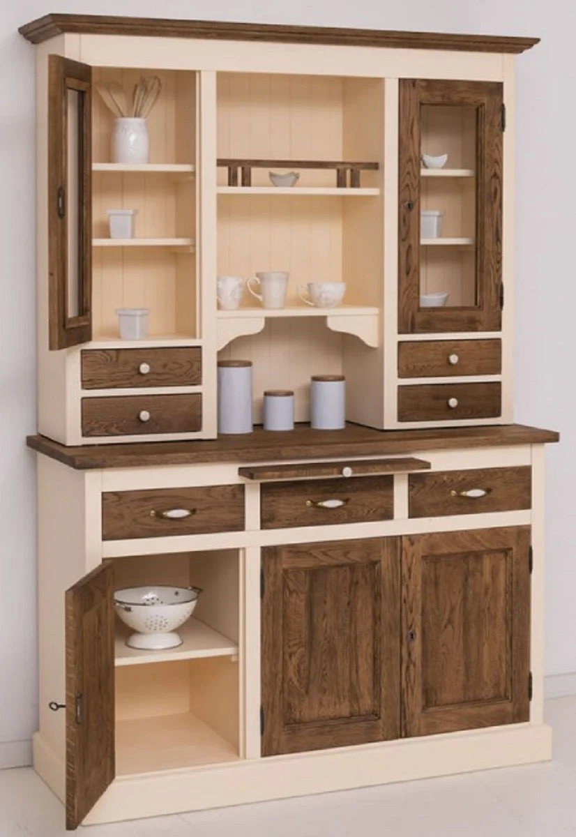 Landhausstil Esszimmerschrank Creme / Dunkelbraun 137 x 50 x H. 197 cm - Massivholz Küchenschrank - Esszimmer Möbel im Landhausstil - Landhausstil Esszimmer Einrichtung