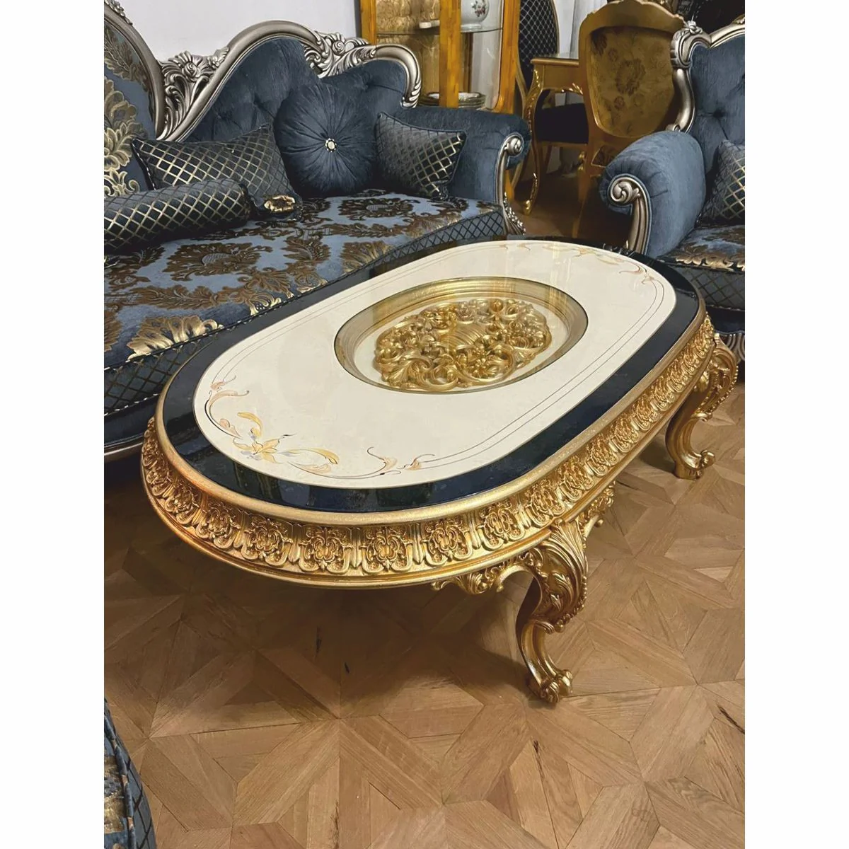 Luxus Barock Wohnzimmer Möbel Set Blau / Gold / Silber - Barockstil Möbel