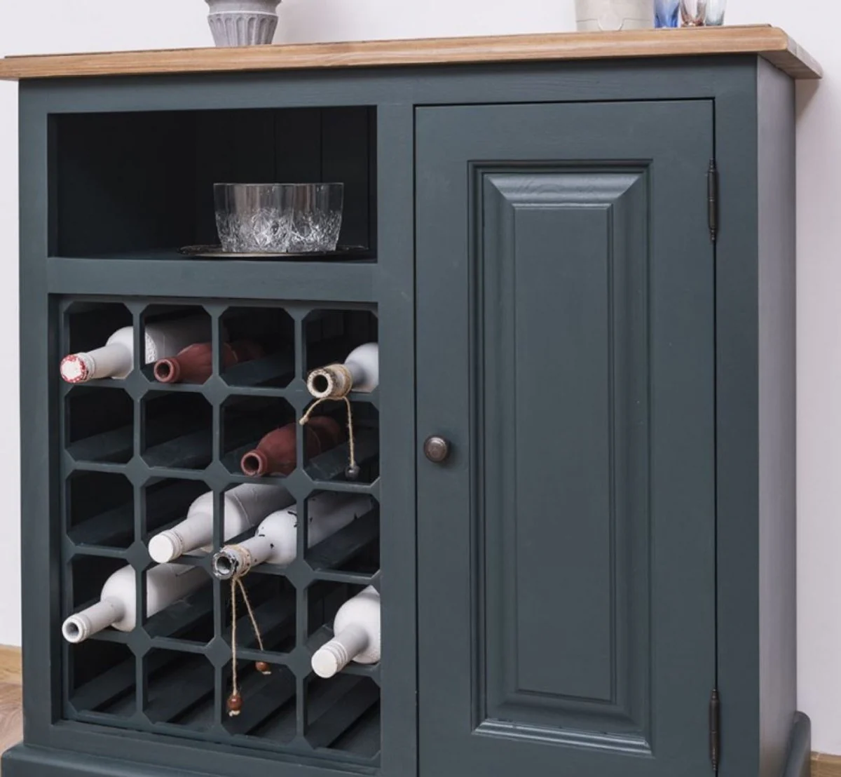 Landhausstil Weinschrank mit Tür Graublau / Naturfarben 90 x 41 x H. 90 cm - Landhausstil Möbel