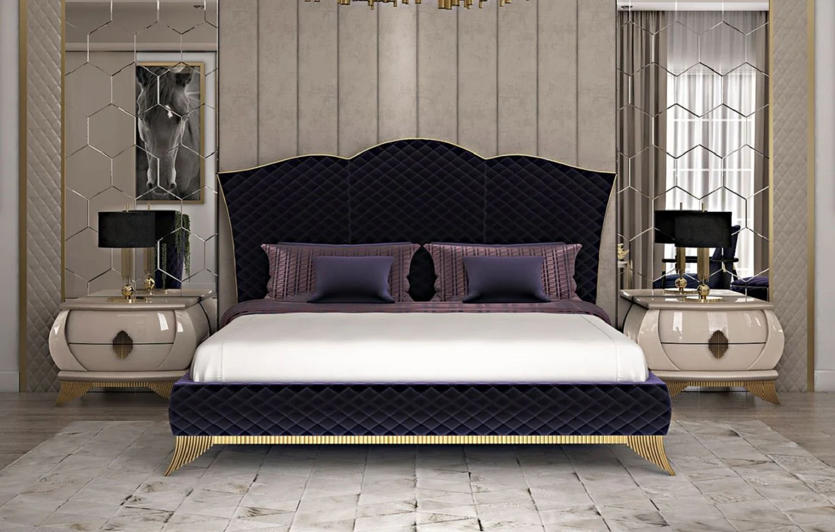 Luxus Art Deco Nachtkommode Creme / Gold 75 x 50 x H. 55 cm - Eleganter Massivholz Nachttisch mit 2 Schubladen - Art Deco Schlafzimmer & Hotel Möbel - Luxus Kollektion