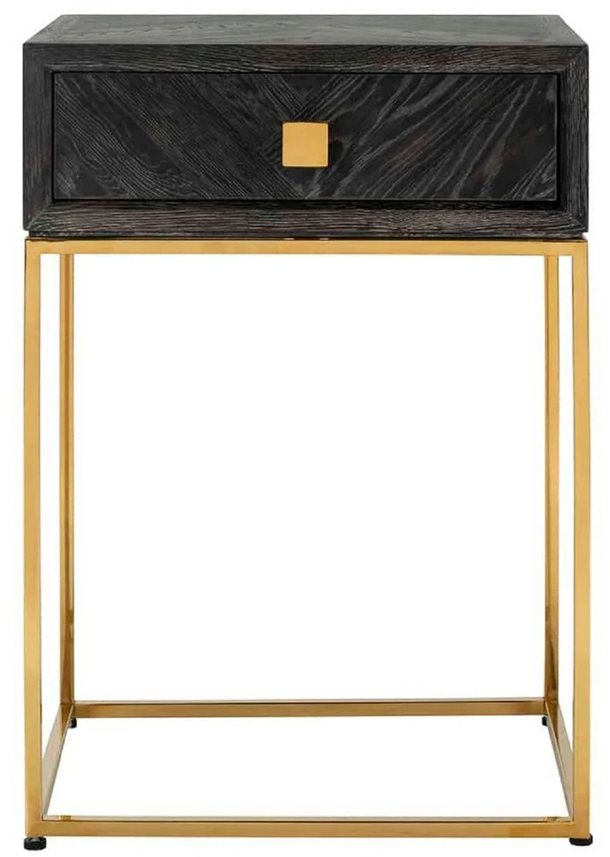 Luxus Beistelltisch Schwarz / Gold 50 x 40 x H. 71 cm - Massivholz Nachttisch mit Schublade und Edelstahl Gestell - Luxus Schlafzimmer Möbel