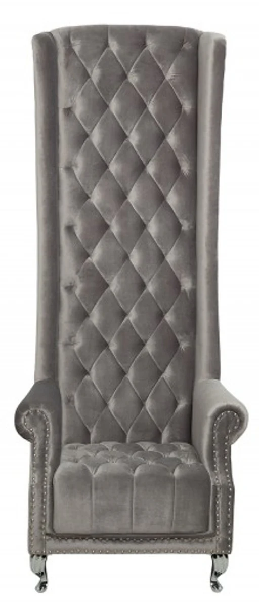 Chesterfield High Back Sessel Silbergrau - Thron König Hochlehn Sessel - Modern Barock Hochlehner