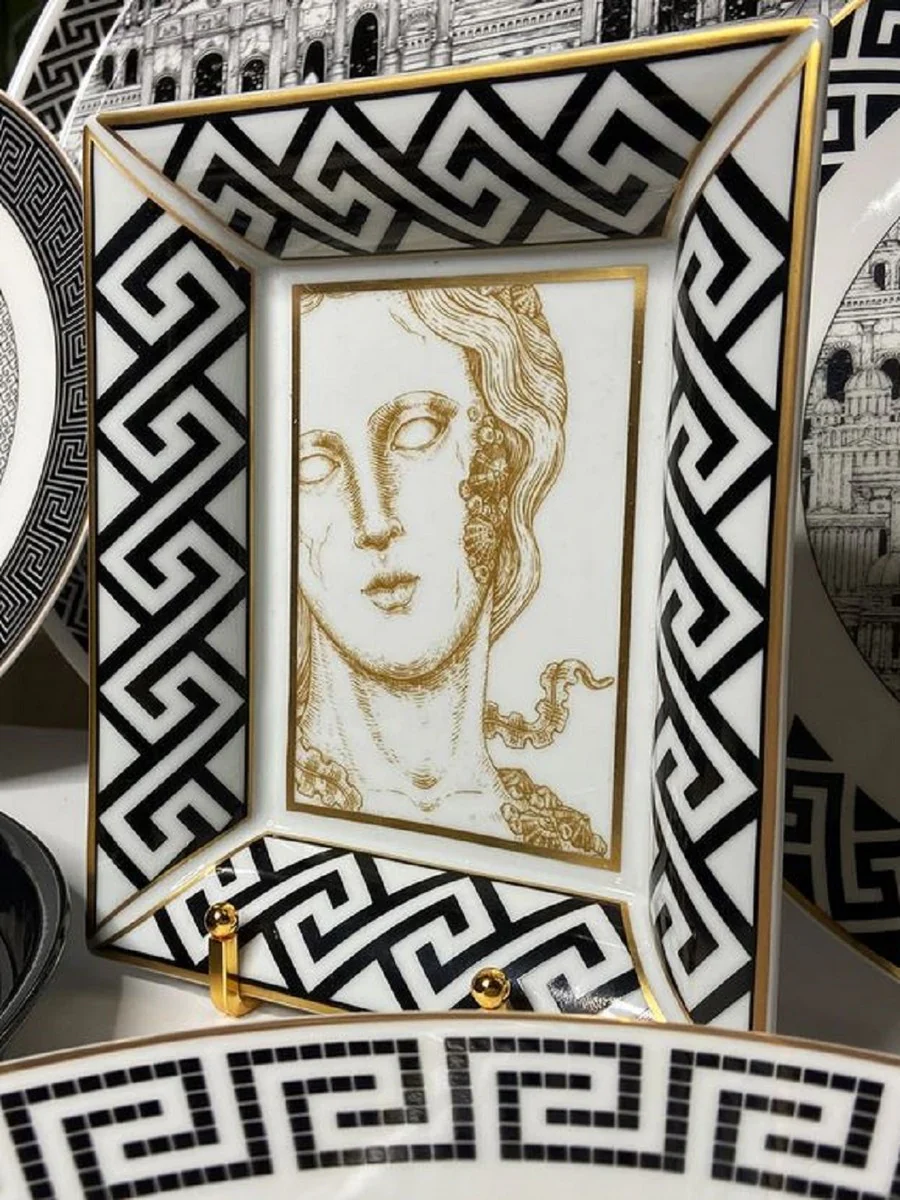 Luxus Deko Schale Göttin Weiß / Schwarz / Gold 20,5 x 17,5 x H. 13,5 cm - Handbemalte Porzellan Schale - Luxus Qualität - Made in Italy