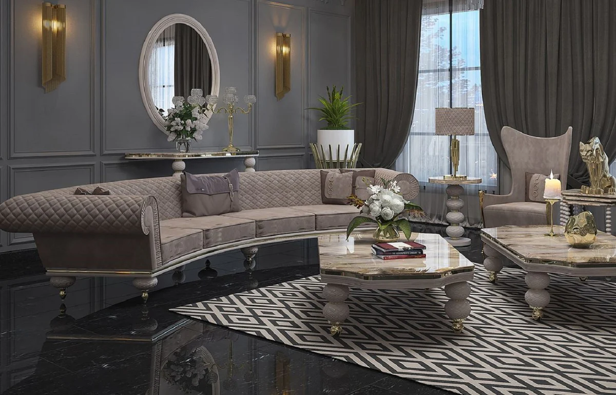 Luxus Art Deco Sofa Grau / Gold - Gebogenes Wohnzimmer Sofa - Hotel Sofa - Luxus Art Deco Wohnzimmer & Hotel Möbel - Luxus Qualität
