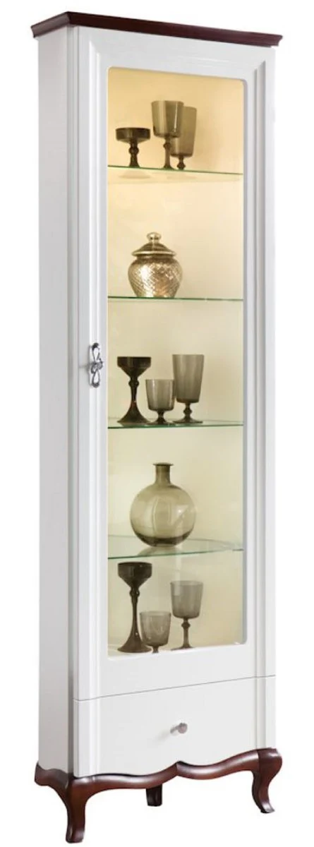 Luxus Art Deco Vitrinenschrank Weiß / Dunkelbraun 64 x 52,1 x H. 209,5 cm - Beleuchteter Wohnzimmerschrank mit Glastür und Schublade - Wohnzimmermöbel