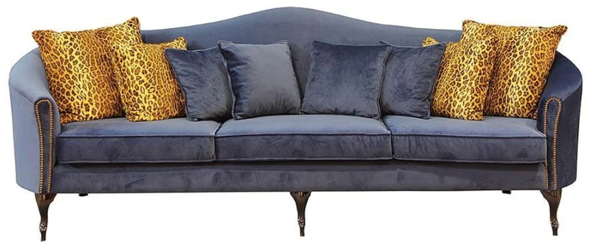 Luxus Barock Samt Sofa Blau / Dunkelbraun 280 x 90 x H. 100 cm - Edles Wohnzimmer Sofa mit dekorativen Kissen - Barock Wohnzimmer Möbel - Luxus Qualität