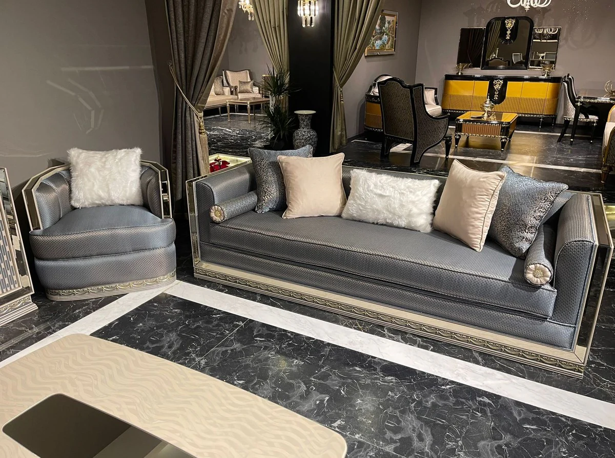 Luxus Art Deco Sofa Hellblau / Silber / Creme - Verspiegeltes Wohnzimmer Sofa - Wohnzimmer Möbel - Art Deco Möbel - Luxus Möbel - Art Deco Einrichtung - Luxus Einrichtung