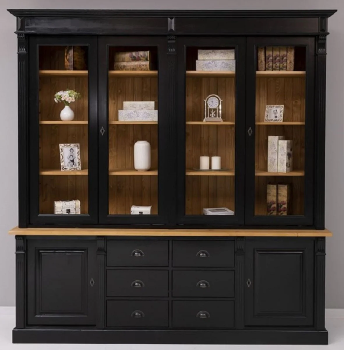 Landhausstil Massivholz Schrank Schwarz / Naturfarben 223 x 51 x H. 228 cm - Bücherschrank - Regalschrank - Landhausstil Massivholz Möbel
