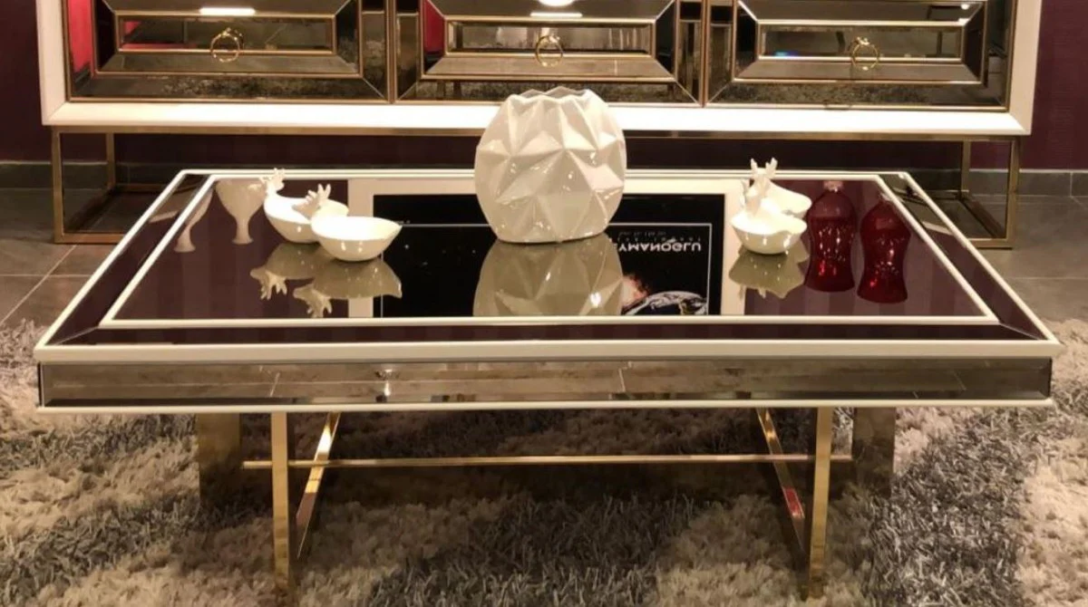 Luxus Couchtisch Weiß / Gold 120 x 80 x H. 43 cm - Wohnzimmertisch mit Glasplatte und Spiegelglas - Luxus Wohnzimmer Möbel