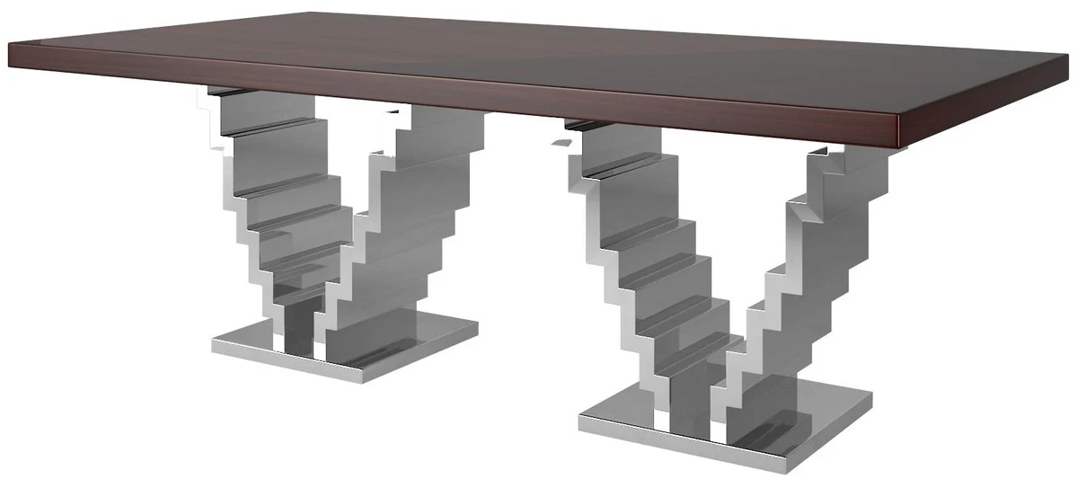 Luxus Art Deco Esstisch Dunkelbraun / Silber 215 x 115 x H. 75 cm - Edler Esszimmertisch - Küchentisch - Art Deco Esszimmer Möbel