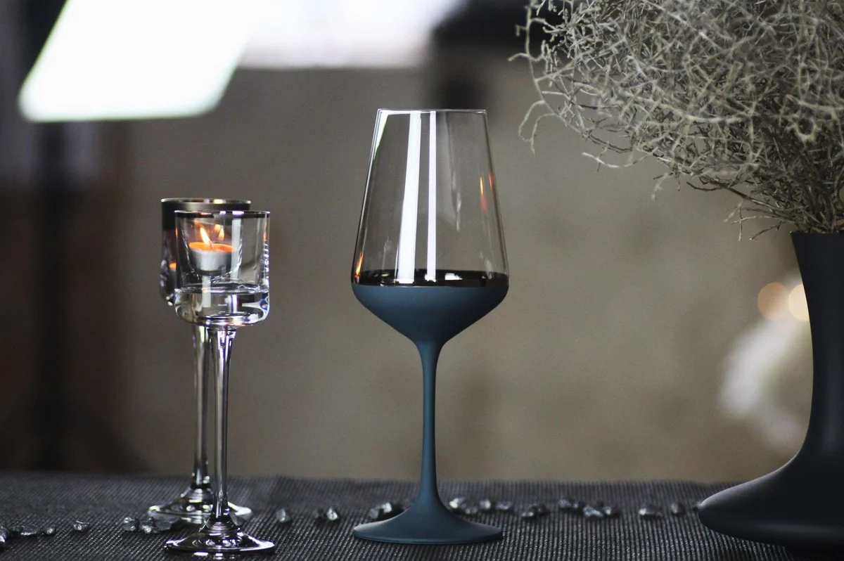 Luxus Rotweinglas 6er Set Dunkelblau / Silber Ø 8,5 x H. 24 cm - Handgefertigte und handbemalte Weingläser - Hotel & Restaurant Accessoires - Luxus Qualität