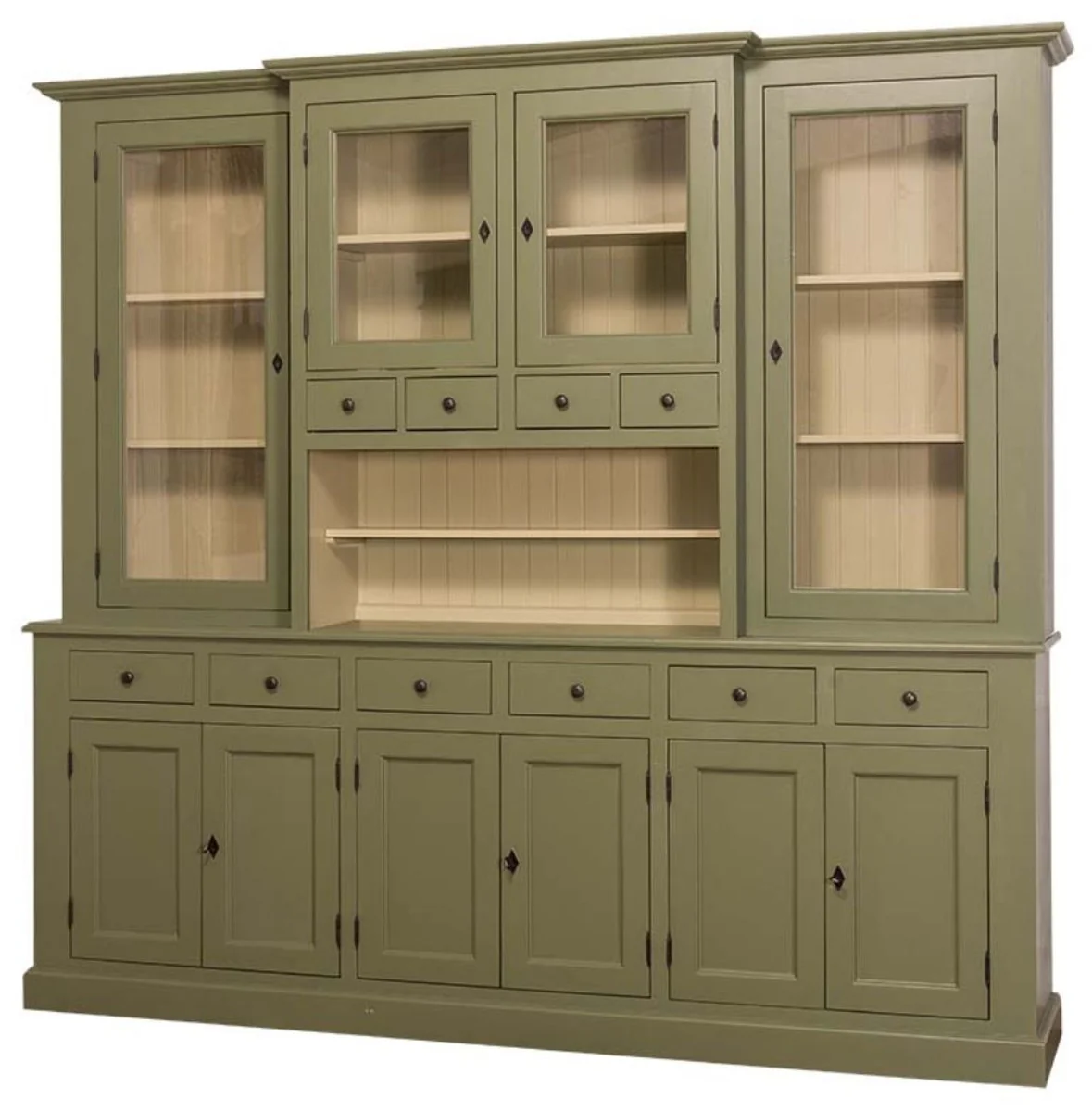 Landhausstil Küchenschrank Grün / Beige 244 x 45 x H. 225 cm - 2 Teiliger Küchenschrank mit 10 Türen und 10 Schubladen