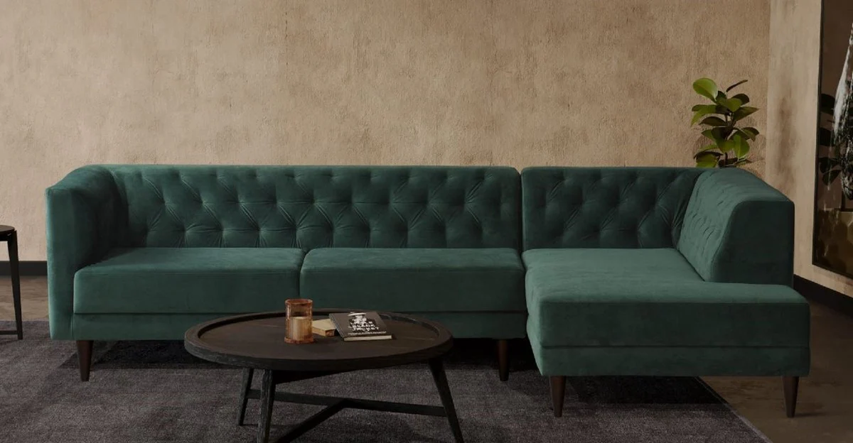 Luxus Ecksofa Grün / Schwarz 262 x 178 x H. 74 cm - Wohnzimmer Sofa mit edlem Samtstoff - Wohnzimmer Möbel - Luxus Möbel - Luxus Wohnzimmer Einrichtung