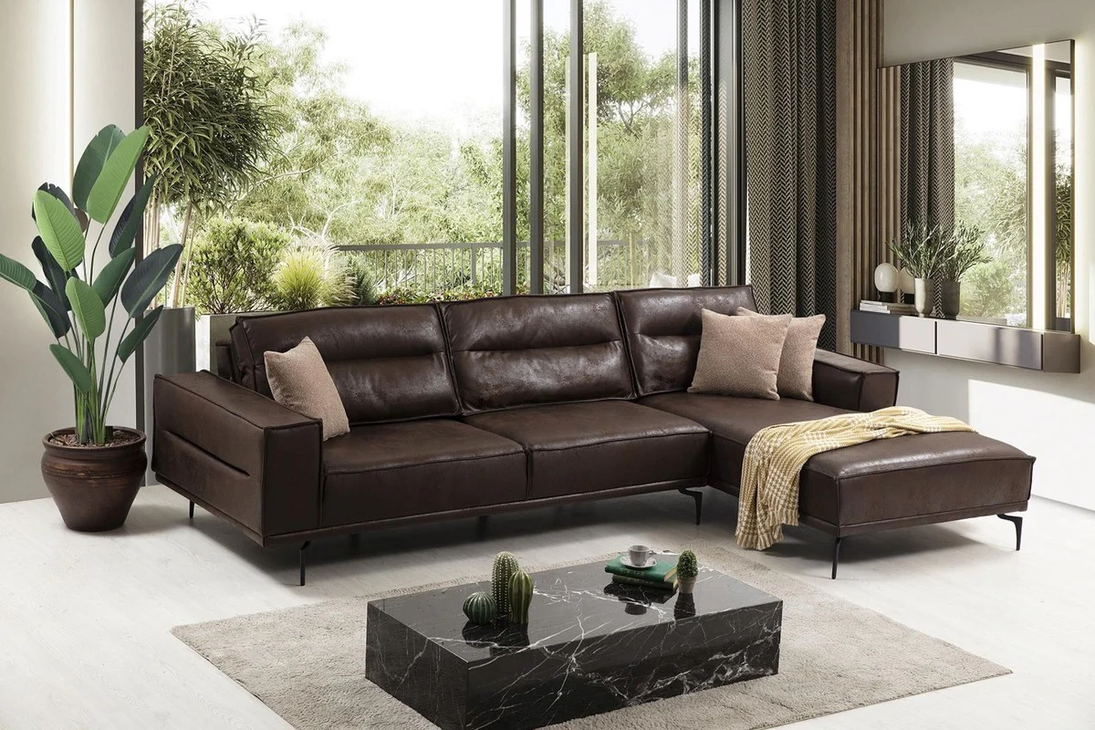 Luxus Ecksofa Braun / Schwarz 305 x 185 cm - Modernes Wohnzimmer Sofa mit Nubuk Kunstleder - Luxus Schlafsofa - Luxus Wohnzimmer Möbel